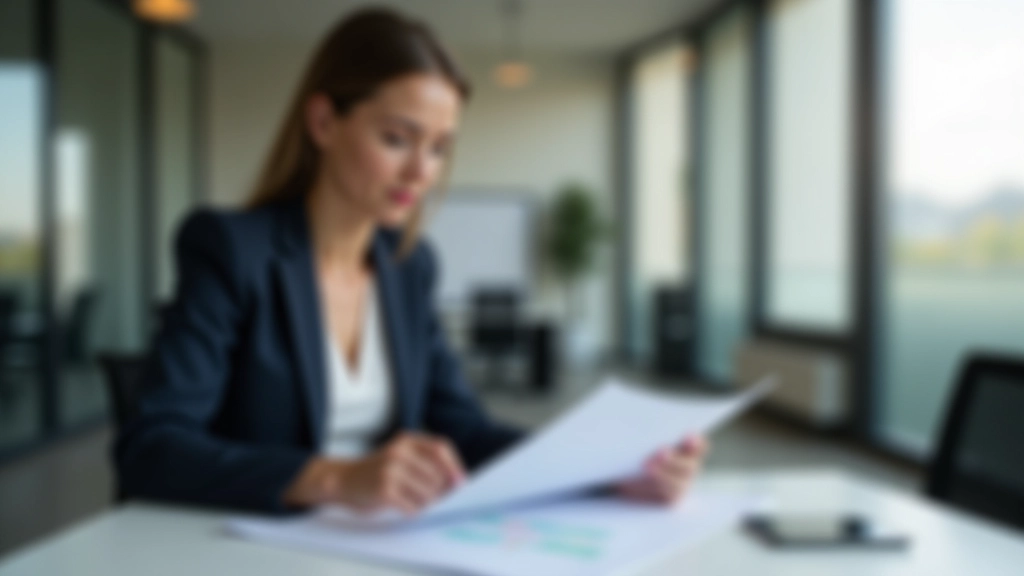 Femme professionnelle examinant un document d'épargne salariale avec calculatrice et graphiques