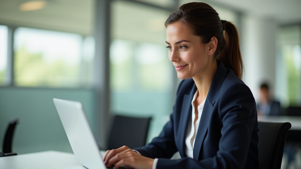 Femme consultant son relevé de compte PEE sur ordinateur portable dans un bureau moderne